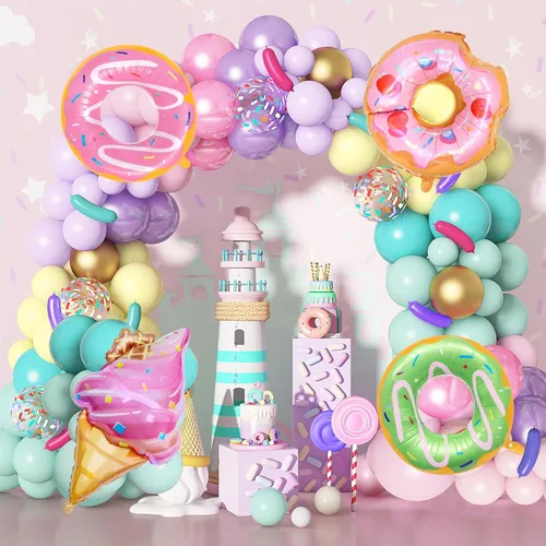 Amandir Kit de arco de guirnalda de globos de dona de 139 piezas en colores pastel, decoración dulce de una pizca de helado para fiesta de