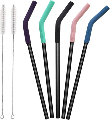 Vista 8 de Juego de 5 pajitas de acero inoxidable Senneny con puntas flexibles de silicona con cubierta de codos, 2 cepillos de limpieza y 1 bolsa portátil