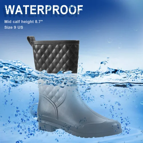 Vista 2 de Petrass Botas de lluvia para mujer, color negro impermeable a media pantorrilla, ligeras, lindo botines de moda para trabajar cómodos zapatos