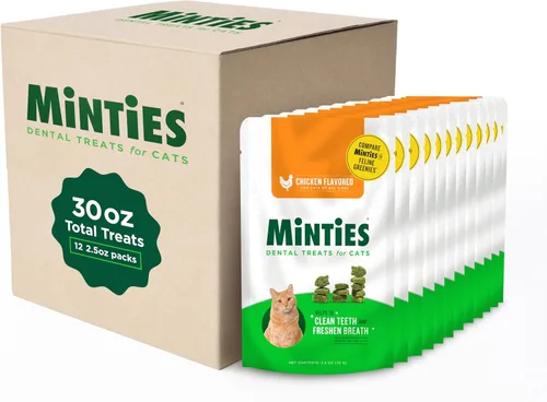 Golosinas dentales Minties para gatos, golosinas con sabor a pollo para gatos, refresca el aliento y controla el sarro, 30 onzas (12 bolsas de 2.5