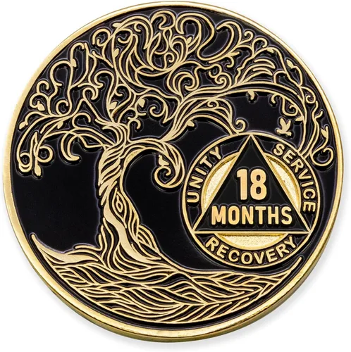 Vista 126 de 1 año Sobriety Mint Twisted Tree of Life Medallón de recuperación AA chapado en oro, chip/ficha - negro