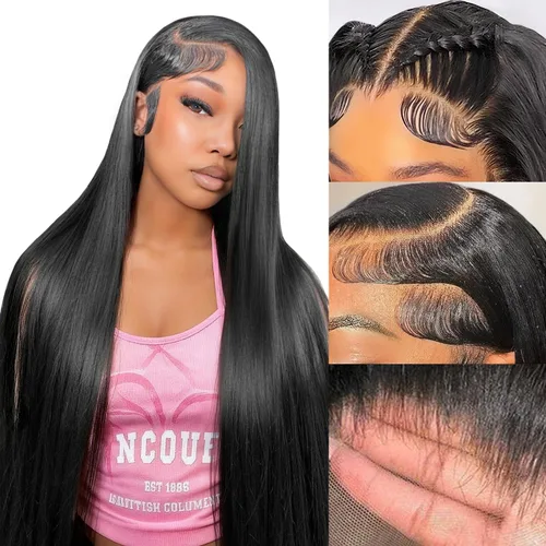 Vista 12 de Pelucas de cabello humano lacio prearrancado de 13 x 6 pulgadas, pelucas de cabello humano de densidad 200 HD transparente con encaje frontal