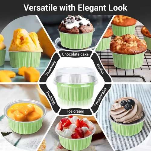 Vista 7 de EUSOAR Moldes desechables de papel de aluminio con tapas, 30 piezas de 5 onzas (4.2 fl oz) de papel de aluminio para magdalenas, tazas para hornear