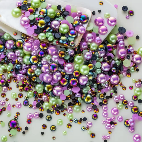 Vista 50 de 60g de perlas planas doradas con parte trasera de diamantes de imitación para manualidades, tamaño mixto de 3mm-10mm, color AB, redondas, cuentas