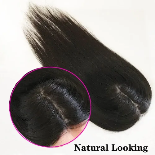 Vista 5 de Parte superior de cabello humano con base de seda larga con clip de 5 x 5 pulgadas, extensiones de cabello lacio virgen 100% real, 4.7 x 5.1 in