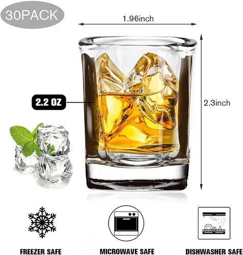 Vista 2 de Vivimee Paquete de 30 Vasos de Chupito de Base Pesada al Por Mayor, Juego de Vasos de Chupito Cuadrados de 2.2 oz, Vaso de Chupito de Espresso