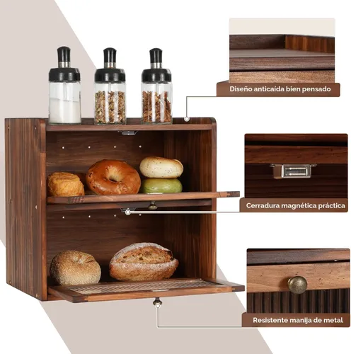 Vista 4 de Sunhoo Panera para encimera de cocina, contenedor de almacenamiento de pan de madera, contenedor de almacenamiento de pan de 2 capas, soporte