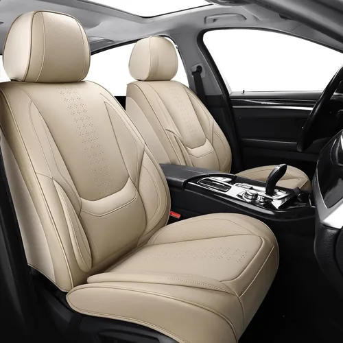 Vista 12 de Chezope - Fundas de asiento de cuero, par delantero de color beige, protectores de asiento de coche transpirables, accesorios de coche resistentes