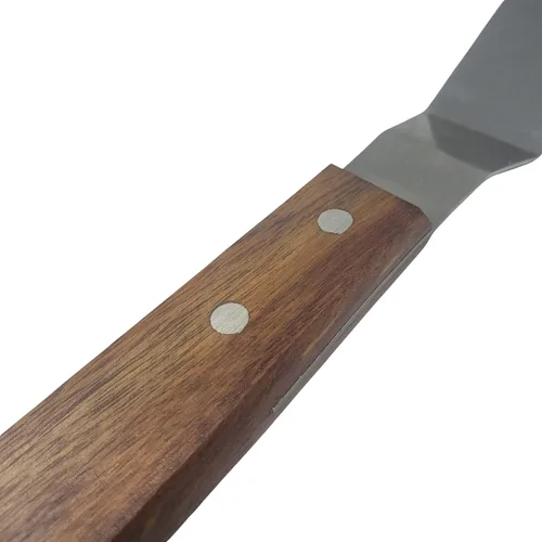 Vista 4 de Juego de espátulas de acero inoxidable offset con mango de madera, herramientas profesionales para decoración de tartas, juego de espátulas de acero