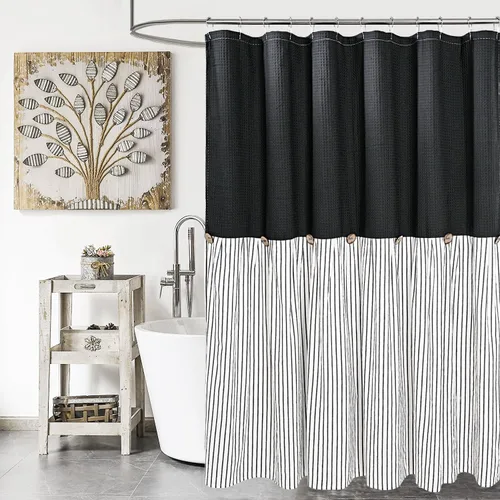 Vista 33 de DOSLY IDÉES Cortina de ducha de granja, rayada en beige y negro, gofre beige spa, cortina con botón, tela tejida de algodón, estilo campestre