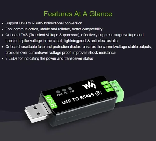 Vista 4 de waveshare USB industrial al convertidor bidireccional RS485 a bordo de circuitos múltiples CH343G originales