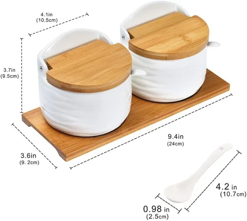 Vista 2 de Azucarero de cerámica con tapas de bambú y bandeja para servir cucharas, recipiente de azúcar de porcelana para azúcar, té, café, especias