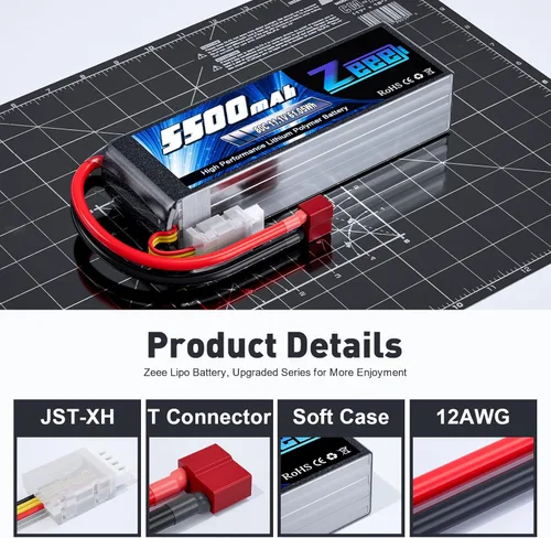 Zeee 3S Lipo - Batería 5500mAh 11.1V 80C con conector T, batería suave para avión, helicóptero F450, cuadricóptero, automóvil, camión, barco, RC
