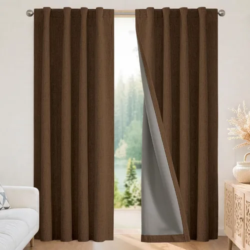 Vista 12 de Joydeco - Cortinas 100% opacas, 2 paneles de lino natural para oscurecer habitación, aislamiento térmico, trabillas traseras y bolsillo para barra