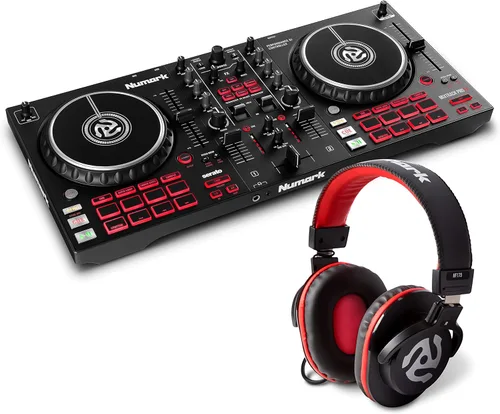 Paquete de controlador DJ – Juego de 2 cubiertas DJ con mezclador, interfaz de audio, ruedas táctiles capacitivas, efectos y auriculares DJ - Numark