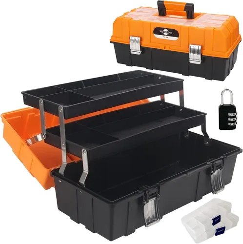 WEWLINE Caja de herramientas organizadora de 16.5 pulgadas de 3 capas de plástico con mango portátil, perfecta para el hogar, oficina, maletero del