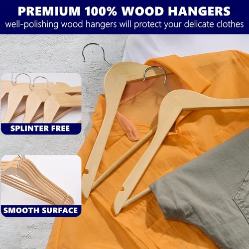 Vista 4 de Amber Home Paquete de 20 perchas de madera para abrigos, perchas de madera natural con barra antideslizante para pantalones, perchas