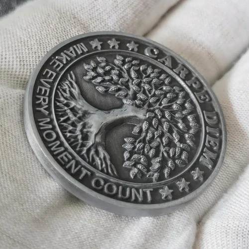 Vista 6 de Medallón Memento Mori Artfully Sculped: una moneda de desafío estoica y espiritual de calavera que sirve como un recordatorio constante