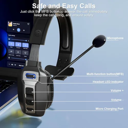 Vista 6 de Auriculares Bluetooth BRAMMAR Trucker con cancelación de ruido AI y micrófono, auriculares Trucker con 65 horas de tiempo de conversación y botón