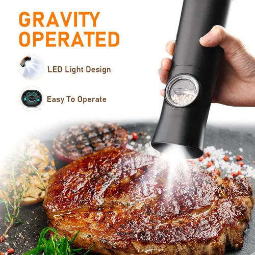Vista 2 de Gravity - Juego de molinillo eléctrico de sal y pimienta, molinillo automático de sal y pimienta, funciona con pilas, grosor ajustable, luz LED