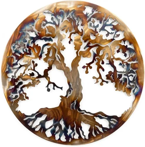 Arte de pared de metal con árbol de la vida de 36 pulgadas, decoración de pared redonda grande para sala de estar sobre el sofá, acero cortado con
