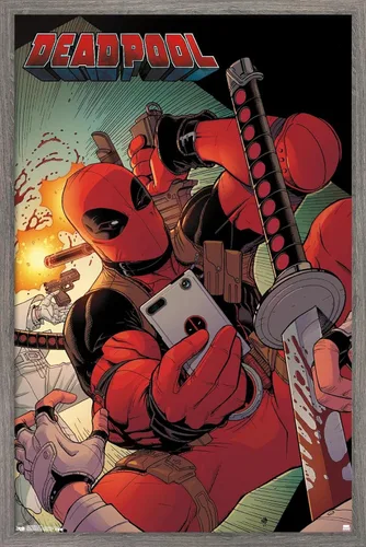 Trends International Marvel Comics Deadpool - Póster de pared para selfies, 14.725 x 22.375 pulgadas, versión enmarcada de madera de granero