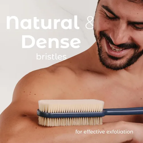 Vista 3 de MainBasics Cepillo Exfoliante para Ducha – Cepillo de Mango Largo de Doble Cara para Lavado Corporal y Frotación con Cerdas Exfoliantes y Suaves