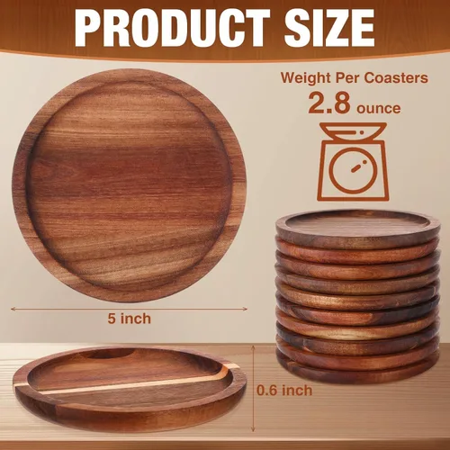 Vista 2 de Gejoy 20 posavasos de madera para bebidas de 5 pulgadas, apilables, naturales, de madera de acacia, posavasos redondos a granel para protección
