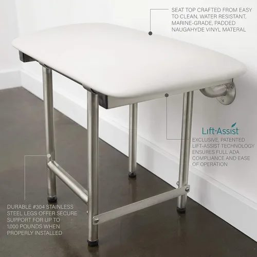 Vista 6 de Seachrome Asiento de ducha plegable de 24 x 15 pulgadas con cojín acolchado blanco para montaje en pared con patas, cumple con ADA