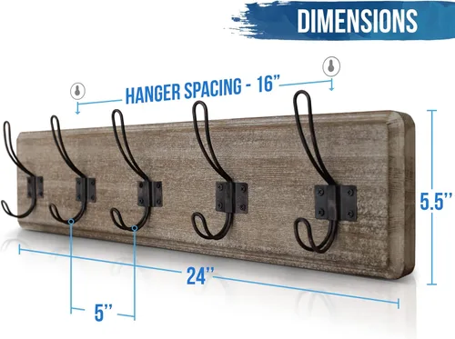 Vista 2 de HBCY Creations Perchero de pared rústico envejecido con 5 ganchos, ganchos de pared de pino macizo de 24 pulgadas para entrada, cuarto de servicio