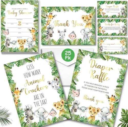 127 invitaciones para baby shower de safari de la selva para niños y niñas con sobres, tarjetas de agradecimiento, tarjetas de solicitud de libros