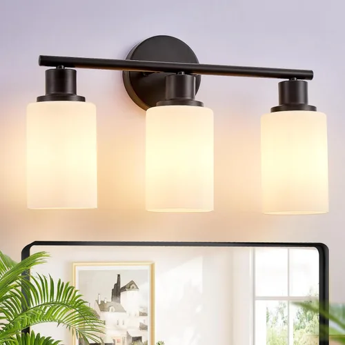 Vista 11 de DLLT - Juego de 2 apliques de pared, modernos accesorios de tocador de baño, luces de tocador negro mate con pantalla de vidrio blanco lechoso