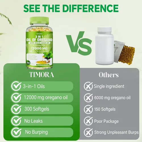 Vista 7 de TIMORA Cápsulas blandas de aceite de orégano 40:1 con semillas negras y aceite de coco, 300 unidades Fórmula 3 en 1 para apoyo digestivo e