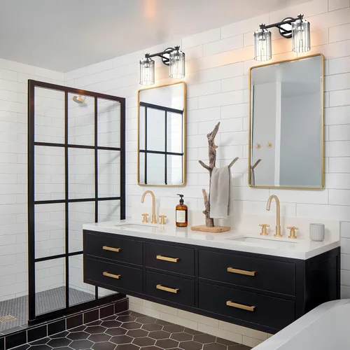 Vista 7 de Luminarias de Baño Negras y Cromadas con Pantalla de Vidrio Transparente de Rayas Cilíndricas Base de Casquillo E26 Luminarias de Baño Sobre Espejo