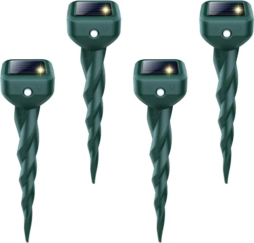 Repelente de topos alimentado por energía solar, paquete de 4 repelentes de serpientes y mofetas para patio, IP 65 impermeables con estacas