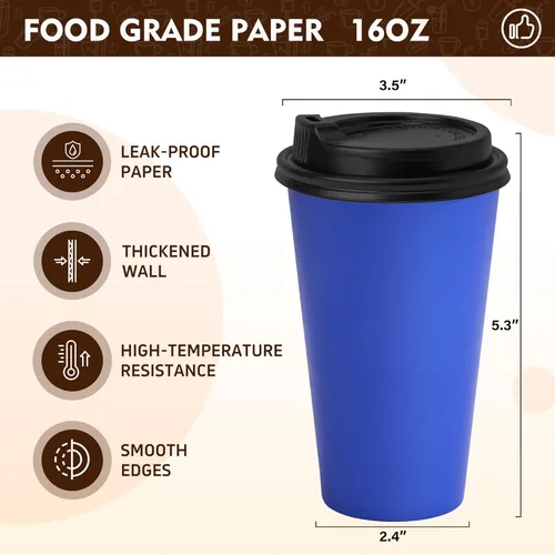 Vista 2 de YEEHAW Tazas de café de 16 onzas con tapas, paquete de 100, tazas de papel desechables azules con tapas, taza para llevar con tapa