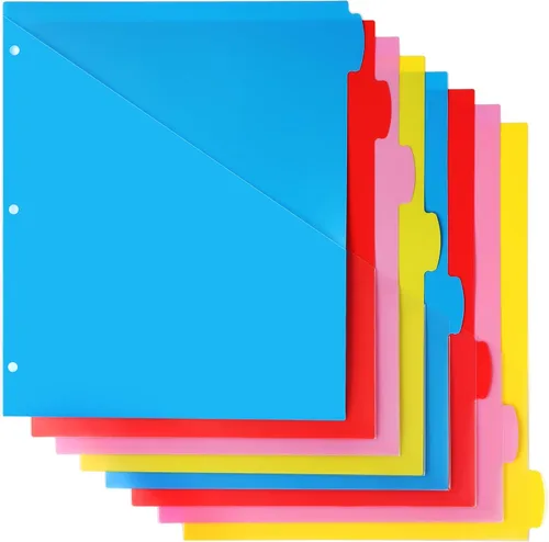 Vista 13 de WOT I Separadores de carpetas duraderos de 5 pestañas con bolsillo transparente, 3 juegos, separadores de plástico reutilizables para carpeta de 3