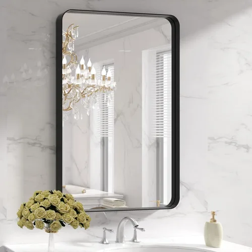 Vista 48 de LOAAO - Espejo de tocador para baño con marco de metal negro mate de 48 x 32 pulgadas para pared, rectangular, grande, redondeado, anticorrosión