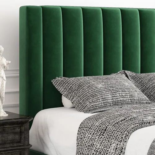 Vista 3 de Allewie Queen Bed Frame/Velvet Upholstered Bed Frame with Vertical Channel Tufted Headboard/Strong Wooden Slats/Platform Bed Frame/Mattress