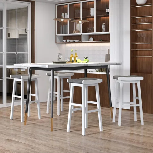Vista 2 de COSTWAY Juego de 4 taburetes de bar, marco de madera gris + blanco de 31.5 pulgadas con asiento acolchado, fácil montaje, patas de madera de goma