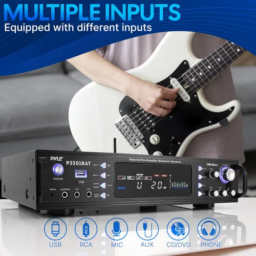Vista 4 de Pyle Amplificador estéreo Bluetooth, montaje en rack, potencia máxima de 3000 W, karaoke fácil con micrófonos duales, salida de subwoofer, salida