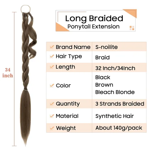 Vista 5 de S-noilite 1 extensión de cola de caballo larga trenzada con banda para el cabello, trenzas de cabello rubio oscuro y castaño, extensión envolvente