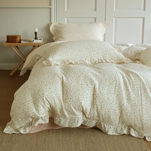 Vista 30 de VM VOUGEMARKET - Juego de funda de edredón romántica con encaje y patrón de flores rosas, Queen, suave, ligera, de microfibra lavada