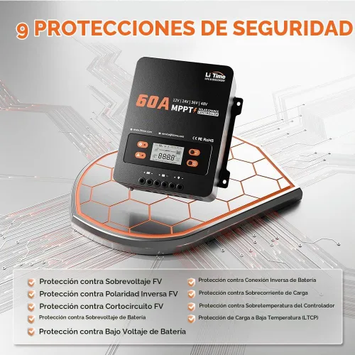 Vista 8 de Controlador de carga solar LiTime 12V-48V 60A MPPT, entrada máxima de 200V