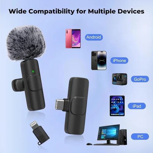 Vista 2 de Micrófono inalámbrico para iPhone, Android amplia compatibilidad con reducción de ruido, micrófono de solapa de sonido claro para podcast, grabación