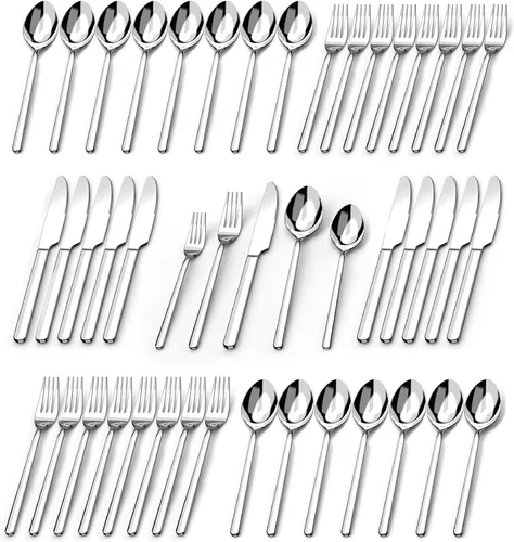 Vista 17 de KINGSTONE Juego de cubiertos de 48 piezas con cuchillos para carne, juego de cubiertos para 8, juego de cubiertos de acero inoxidable para mesa