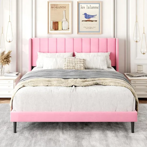 Vista 19 de Base de cama tamaño Queen con cabecera tapizada con respaldo de ala, plataforma de fácil montaje, soporte de listones de madera, no necesita somier