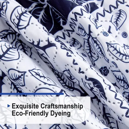 Vista 5 de Juego de edredón de retazos, tamaño matrimonial/queen, ropa de cama floral azul y blanco, suave, ligera, reversible, de microfibra, para todas