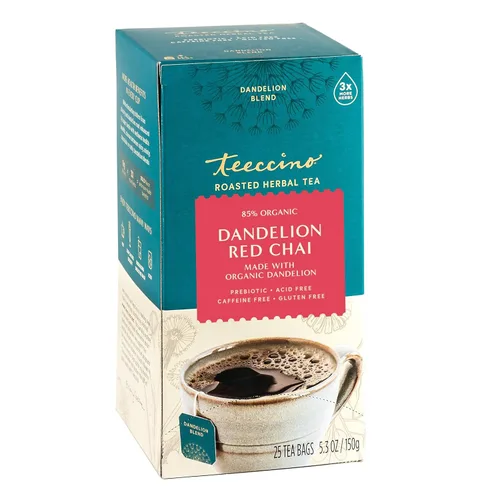Vista 8 de Teeccino Té Chai rojo de diente de león, 25 bolsas de té, sin cafeína, té de hierbas tostadas con prebióticos, 3 veces más hierbas que las bolsas