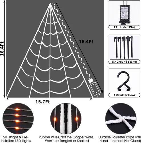 Vista 5 de Luces de telaraña de Halloween, 150 luces LED gigantes, 16.4 pies, decoraciones de Halloween iluminadas con 8 modos de iluminación, impermeable